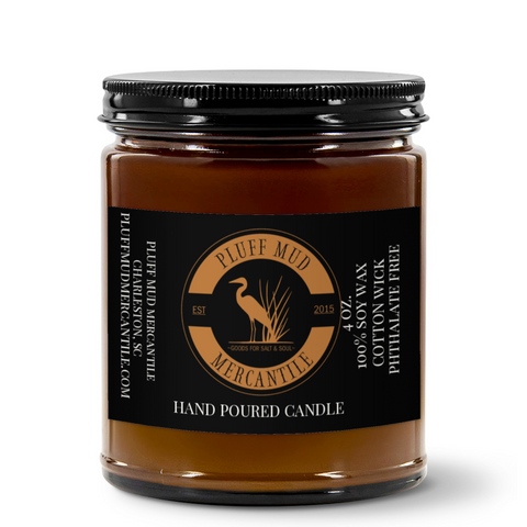 Pluff Mud Mercantile Vintage Amber 4oz Amber Jar Candle | 2.25"x1.5" White Label | Black Lid