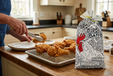 Plating golden fried chicken beside a Yard Bird Batta bag.
